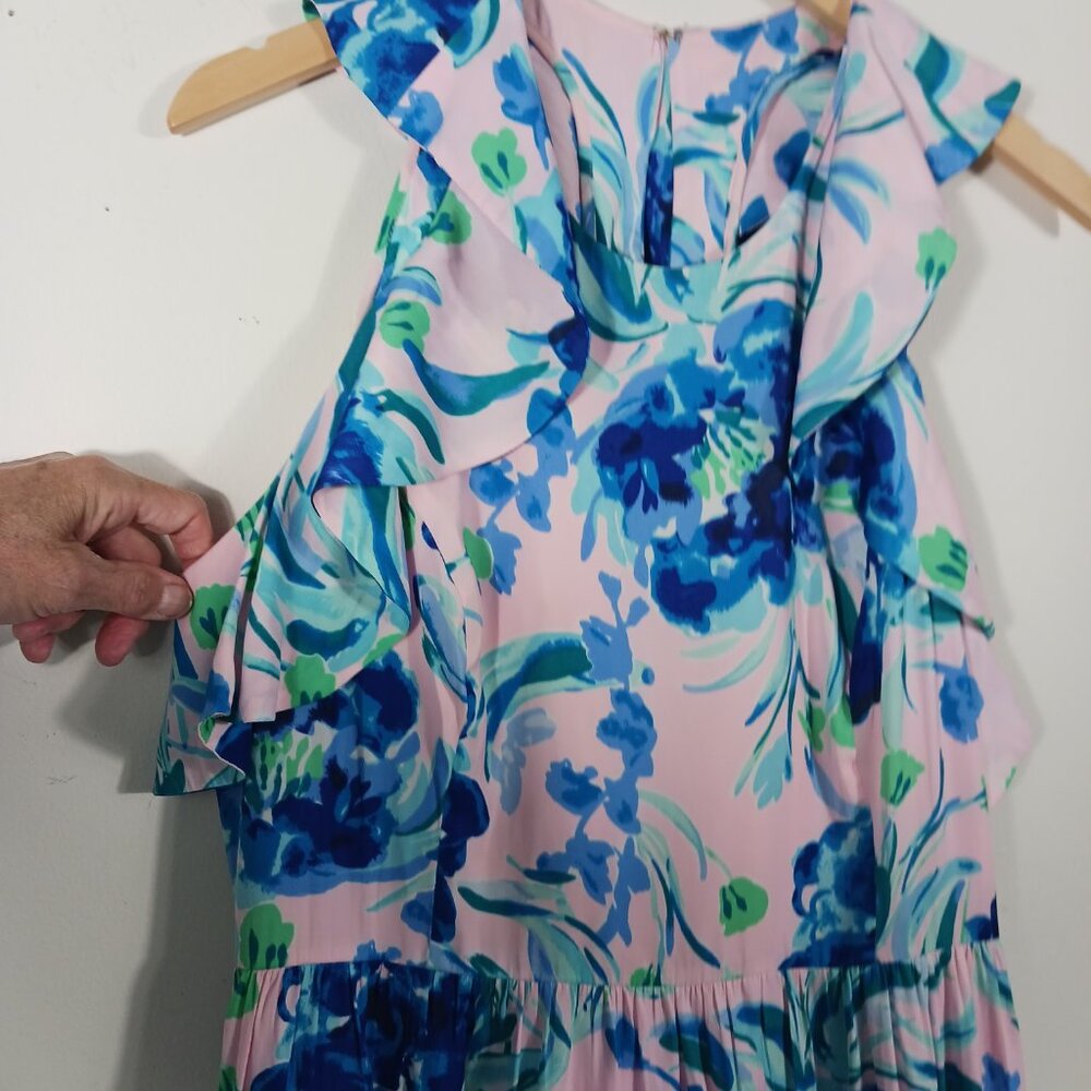 Lilly Pulitzer Rory Dress, Pink Tropics Sweet Pea, Size 14, Racer Back, Flounce - Picture 9 of 16